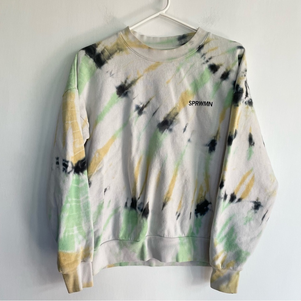 SPRWMN Los Angeles tie dye pullover jumper sweatshirt white green yellow Size XS